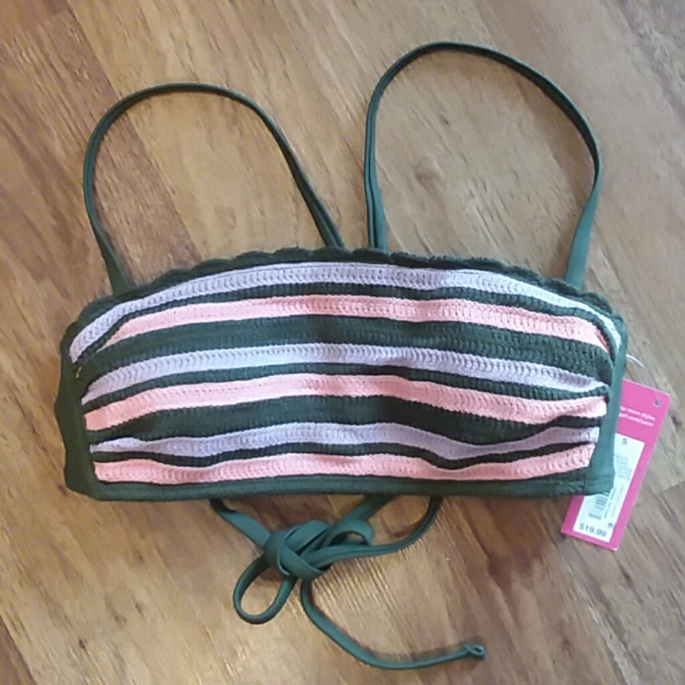 Nwt crochet bikini top small olive green striped
